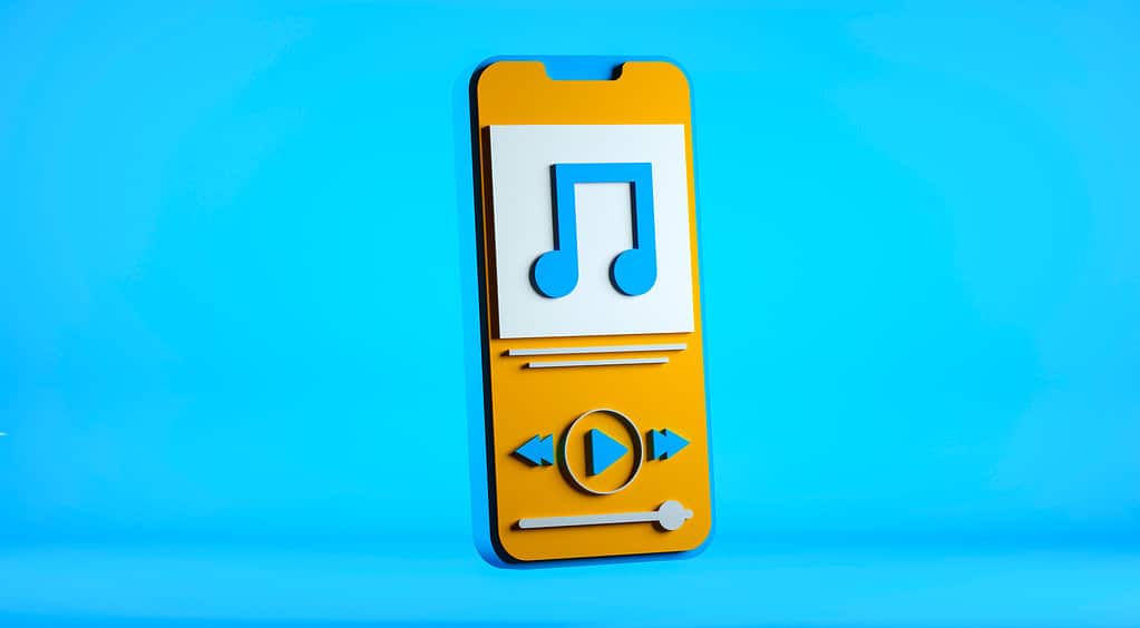 A photo of a phone graphic with an image of a music note on it to look like the music app on a smartphone