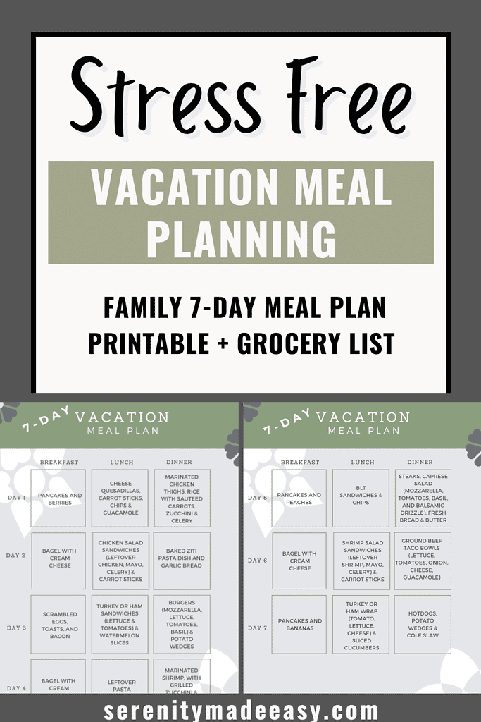 Stress free vacation meal planning with images of PDF printable.