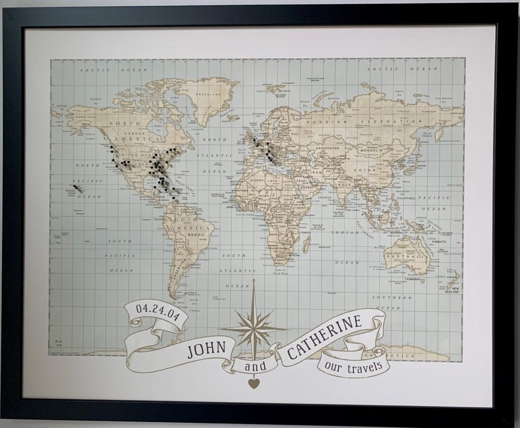 Personalized world map with pins where you have travelled.