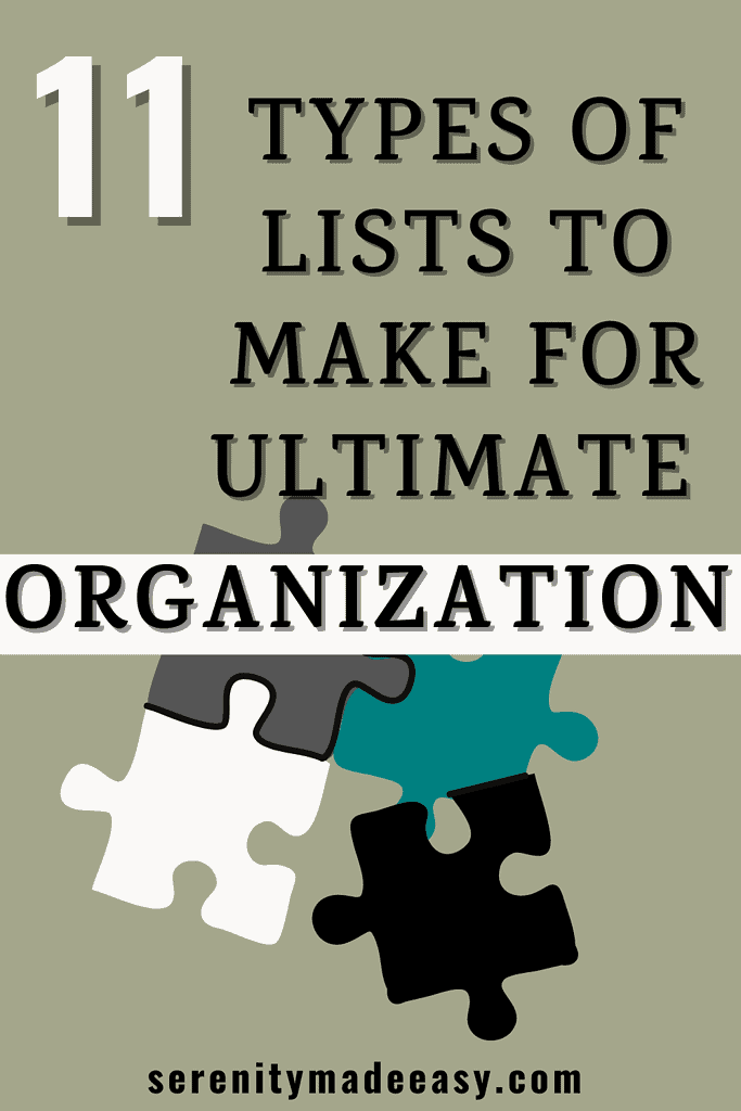A few puzzle pieces with caption saying 11 types of lists to make for ultimate organization