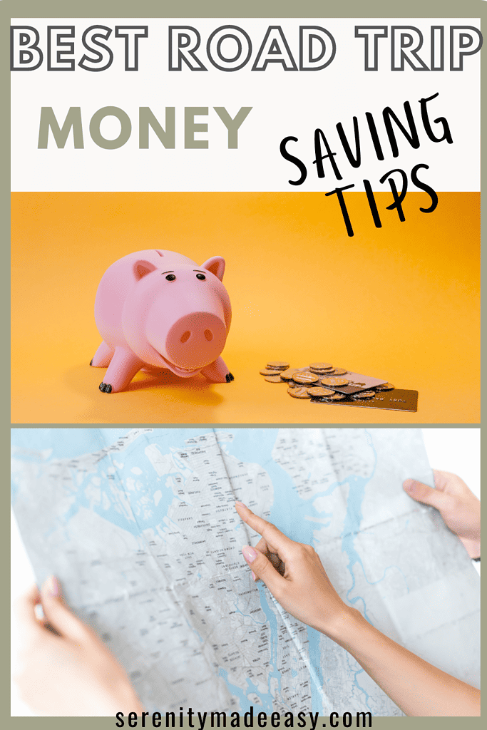 A piggy bank and coins and a map. Road trip saving tips.