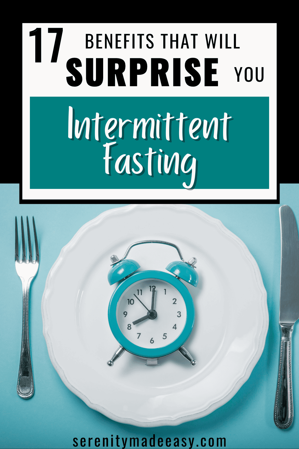 A white plate with only a teal clock on it and silverware next to it illustrating starting Intermittent fasting