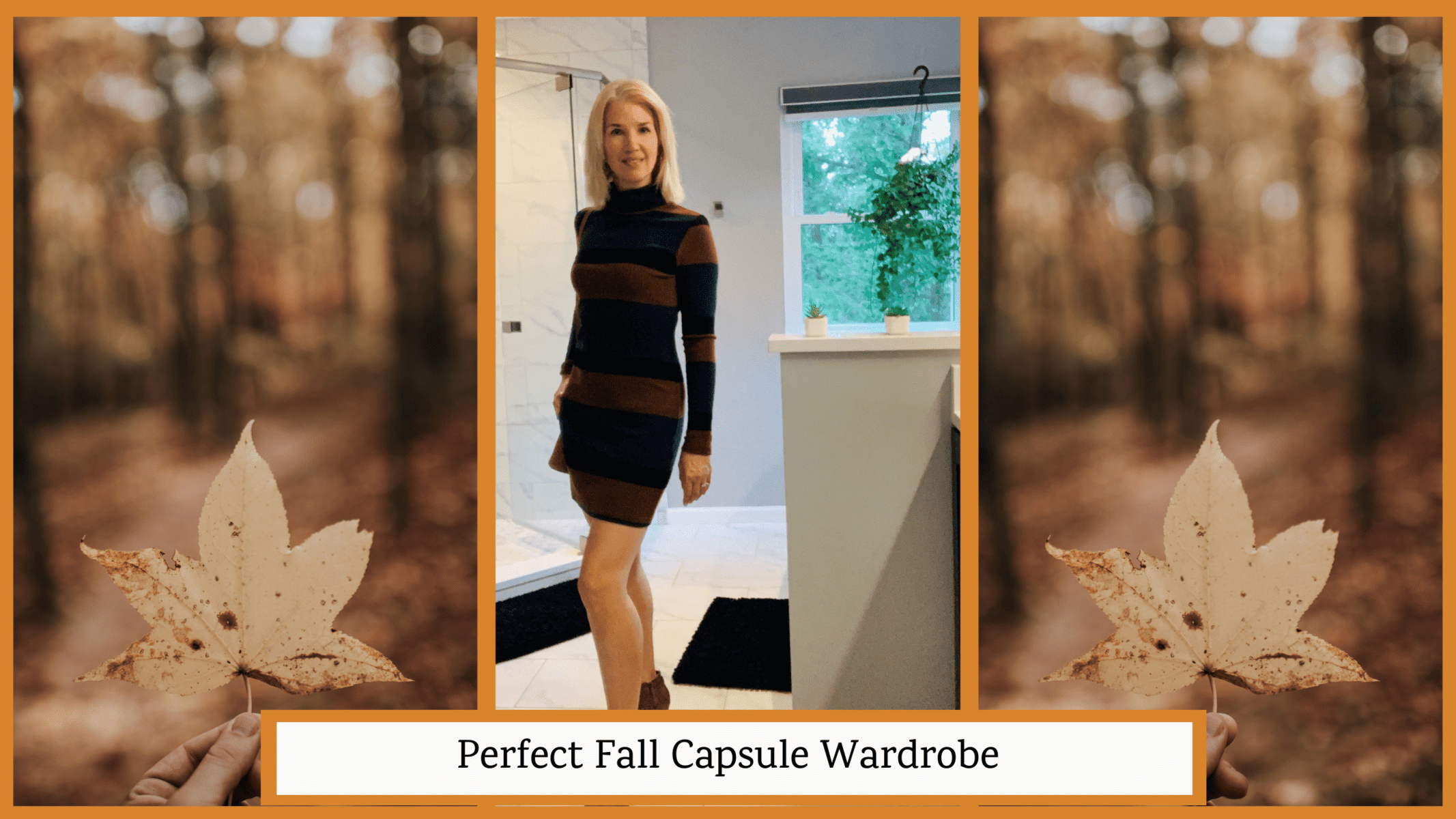 Photos of fall leaves and a woman wearing a fall sweater dress.