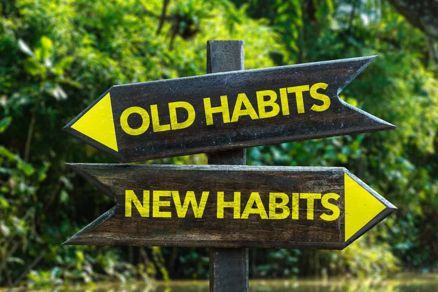 How to stop a habit: Old habits arrow pointing one way, new habits arrow pointing the other.