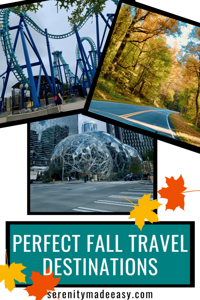 3 travel photos: glass bubbles in Seattle, a road with beautiful fall foliage all around, and a roller-coaster.