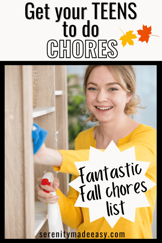 A teenage girl smiling while doing Fall chores.