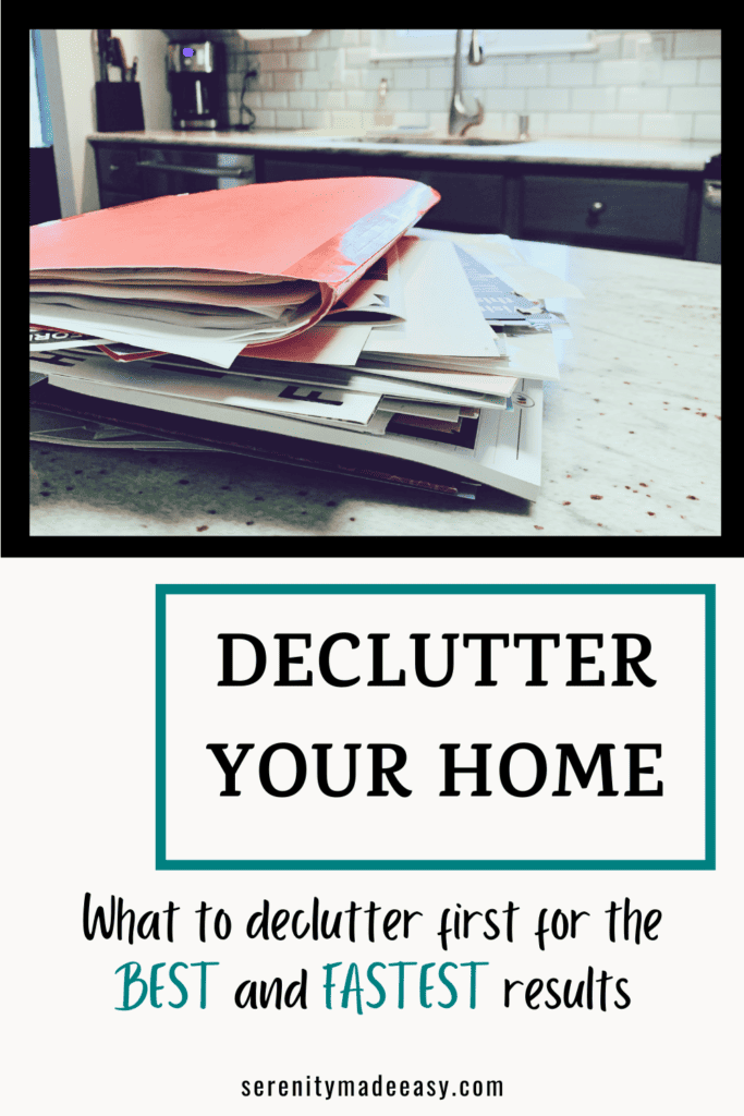 Messy pile of paper and mail to declutter your home
