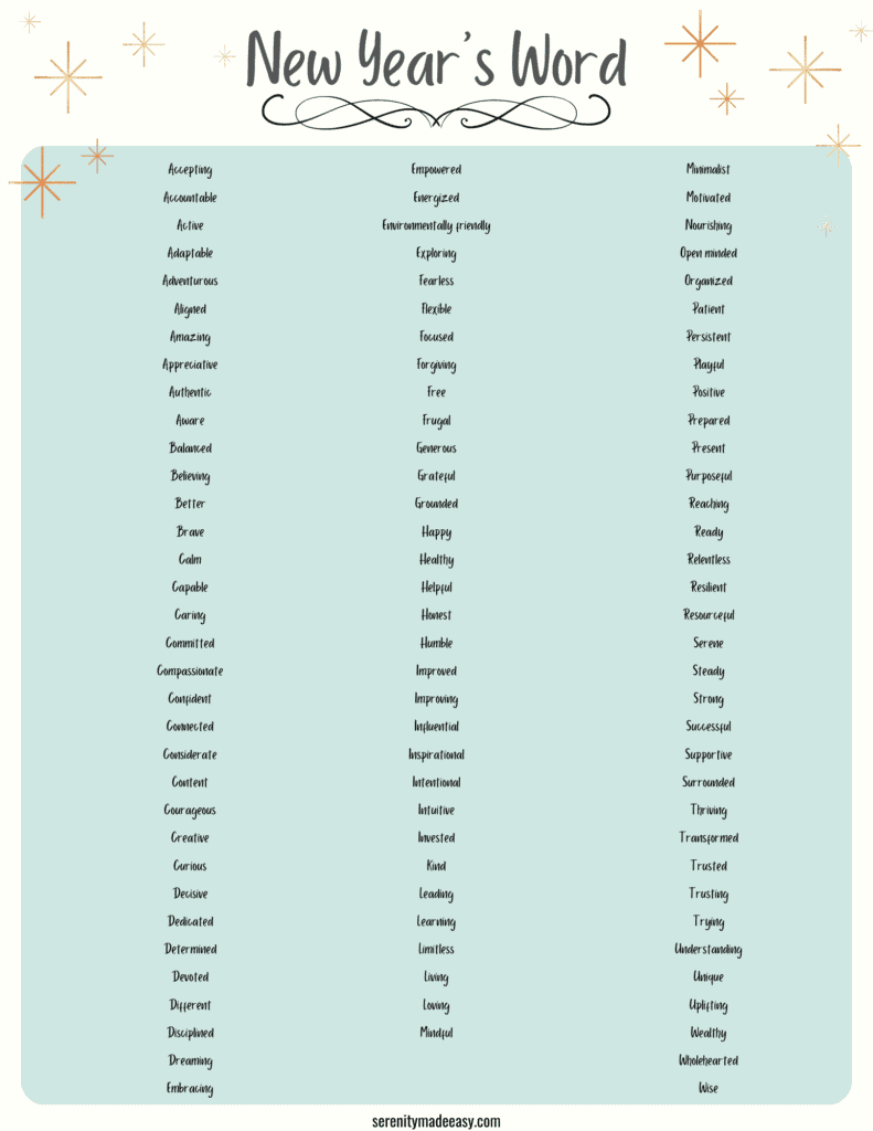 New Year's Word list