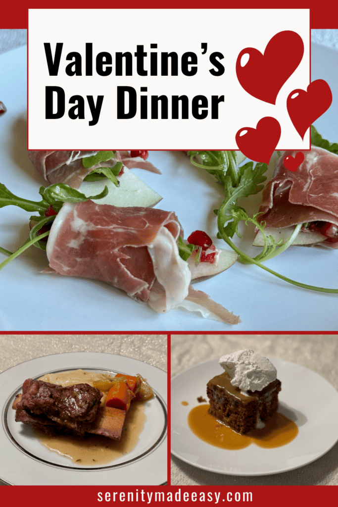 Valentine's day dinner featuring prosciutto pear wrapped, short ribs, and sticky toffee pudding.
