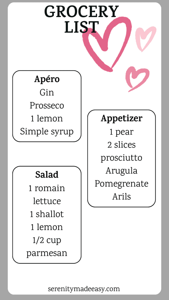 A Valentine's dinner grocery list for apero, appetizer, and salad