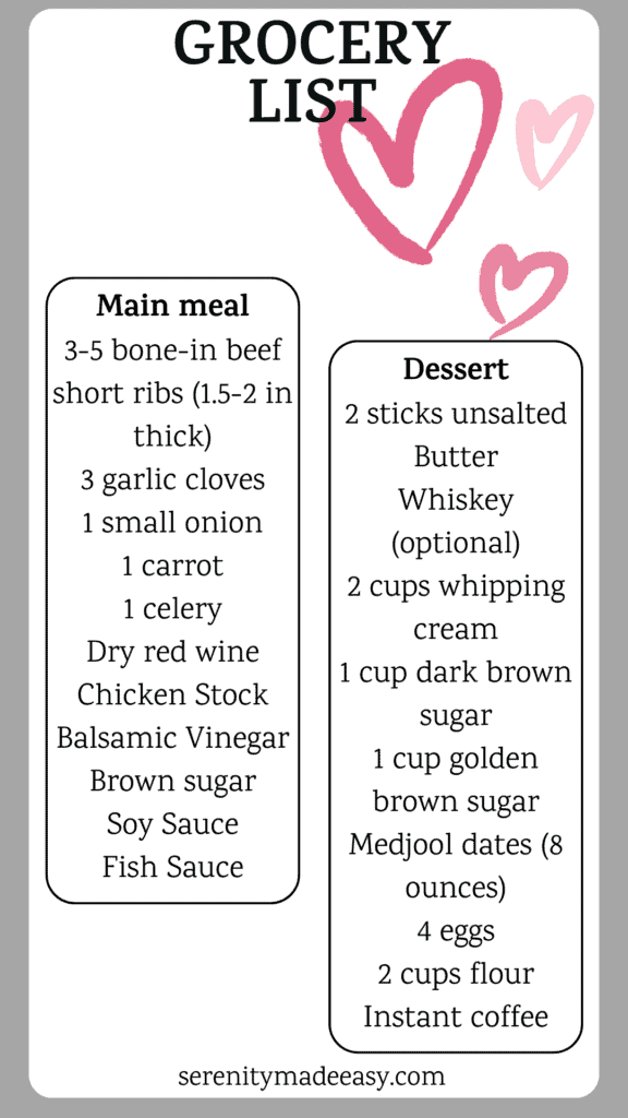 A grocery list for a Valentine's Dinner main meal and dessert