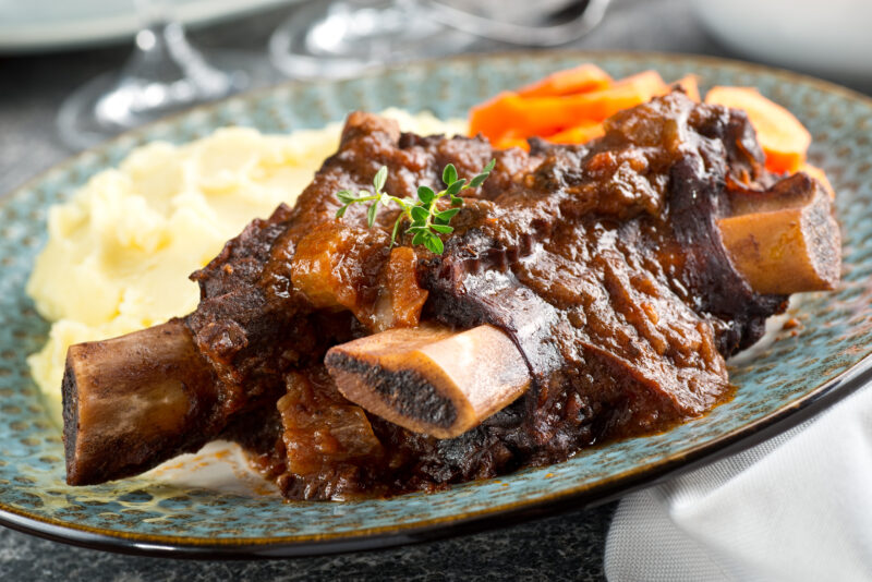 Beef short ribs, mashed potatoes, and carrots for Valentine's menu