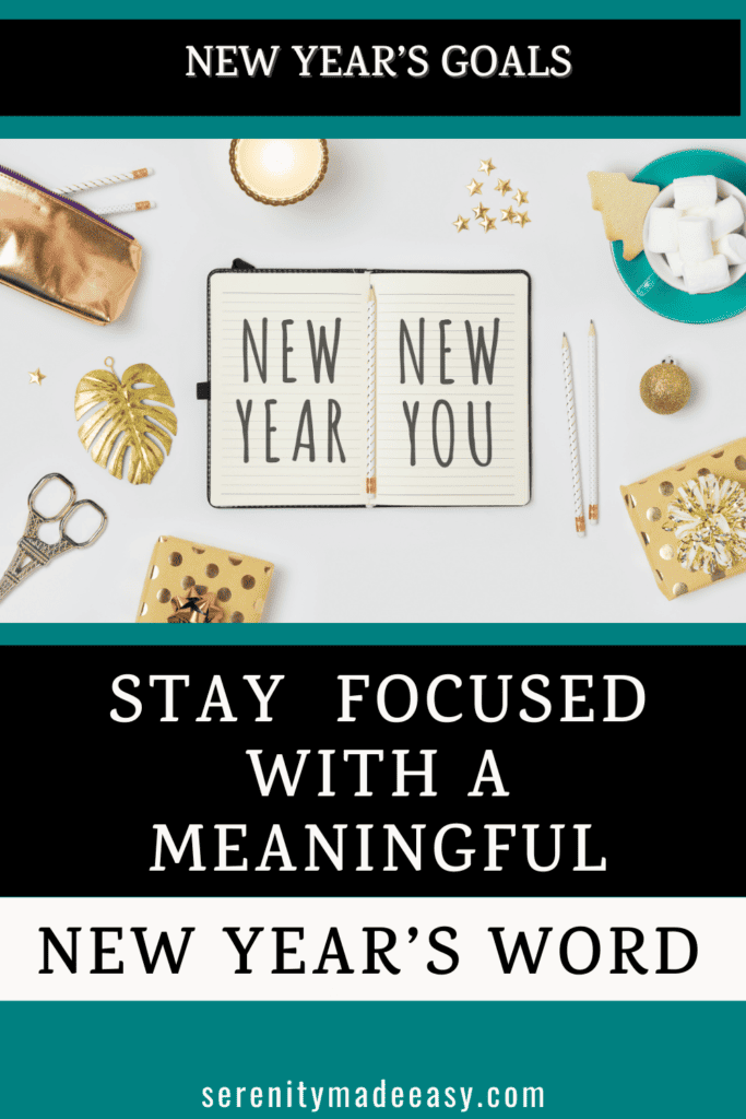 A notebook with the words New Year, New Year. Plus scissors, pencils, and a gold leaf.