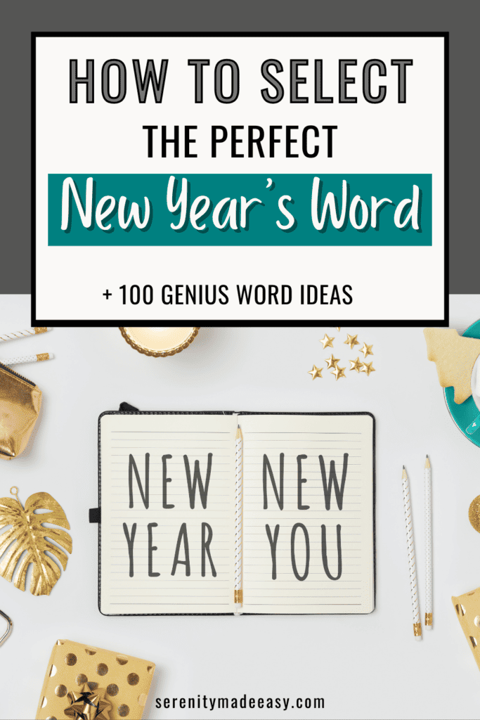 A notebook with the words New Year, New you, some pencils, a gold leaf and some scissors.