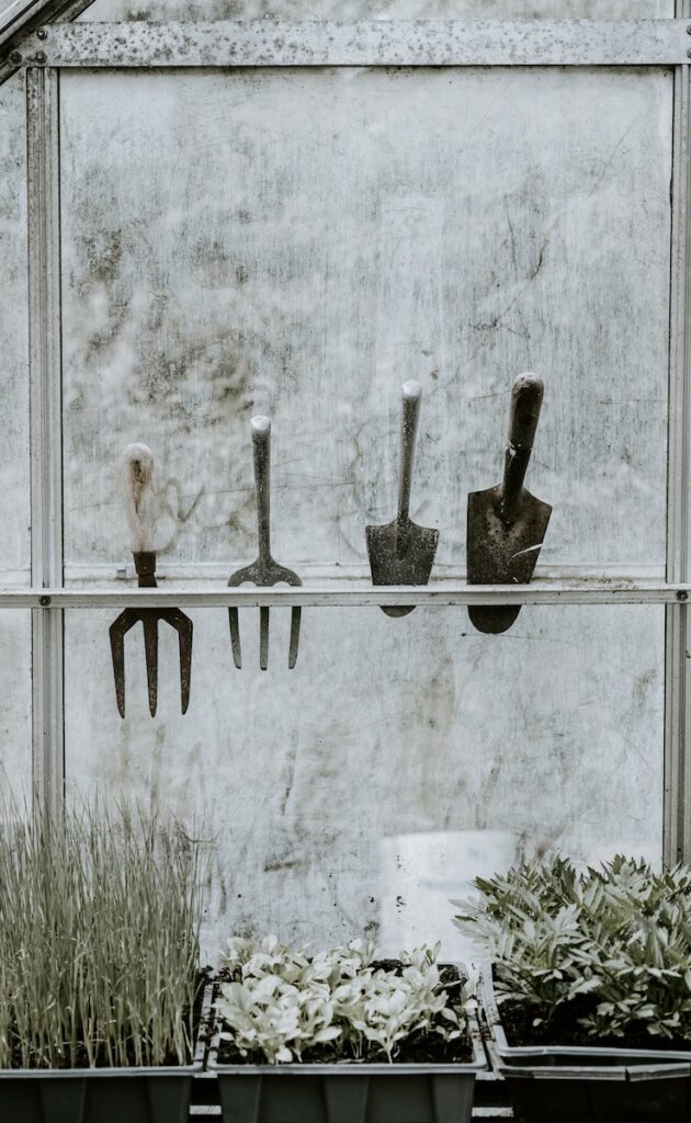 four handheld gardening tools on rack. Spring gardening is coming.