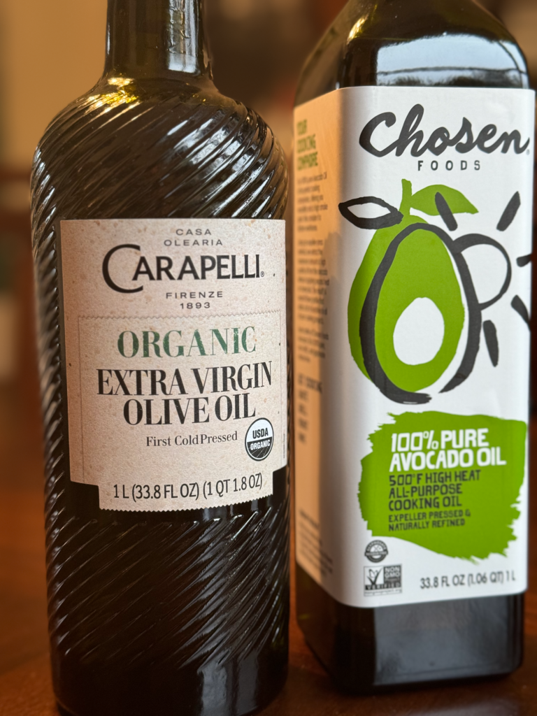 2 healthier oils: extra virgin olive oil and avocado oil