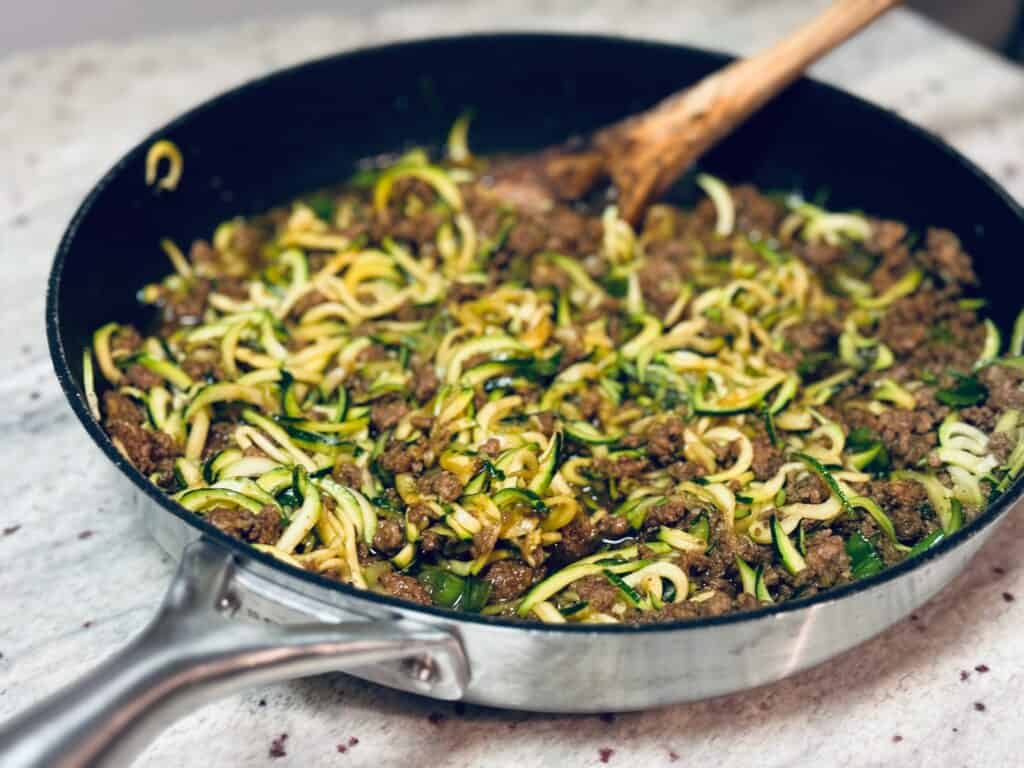 Delicious spring dinner of Korean beef with zoodles