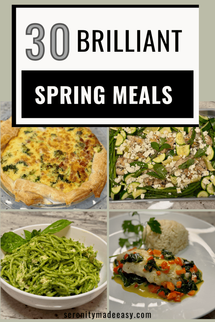 4 pictures showing delicious looking Spring meals: spinach pasta, fish florentine, chicken and spring veggie casserole, and a broccoli and ham quiche.