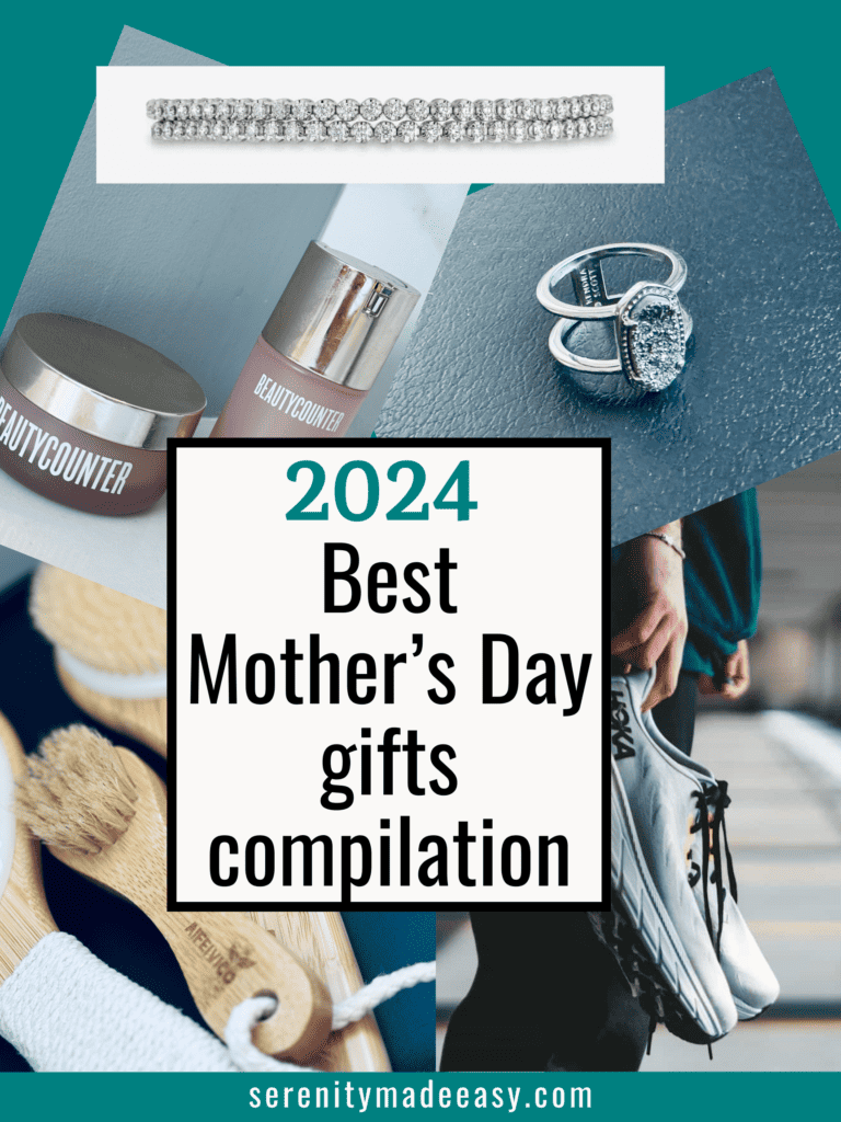 Tons of best Mother's day gifts: running shoes, dry brush, ring, bracelet, and beauty products.