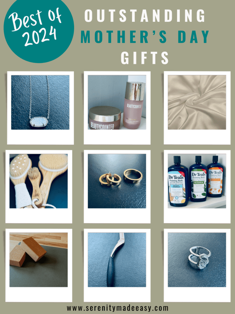 9 genius mother's day gifts: ring, dermaplane, yoga blocks, bubble bath, earrings, dry brushes, necklace, silk pillowcase, and beauty products.