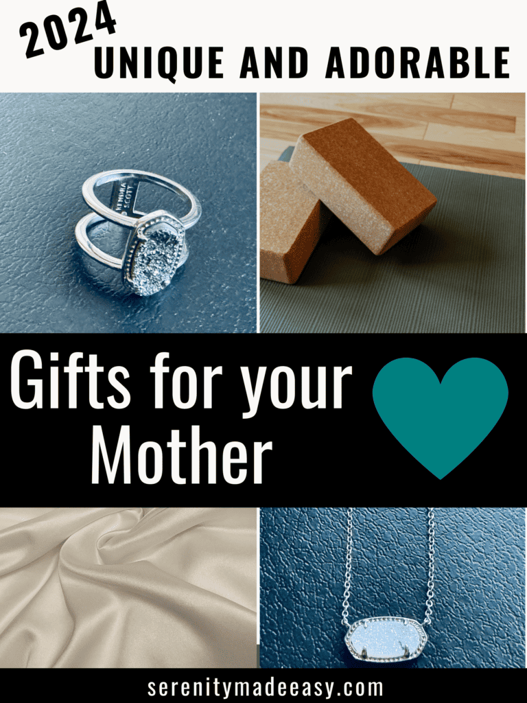 4 Mother's day gifts ideas: necklace, silk pillow case, ring, yoga blocks.