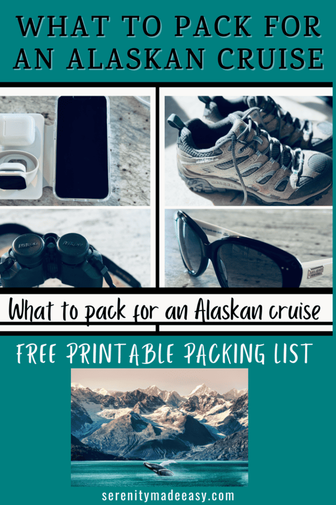 Images of items to pack for an Alaskan cruise and a photo of an orca whale humping in an icy ocean in front of a snow covered mountain.