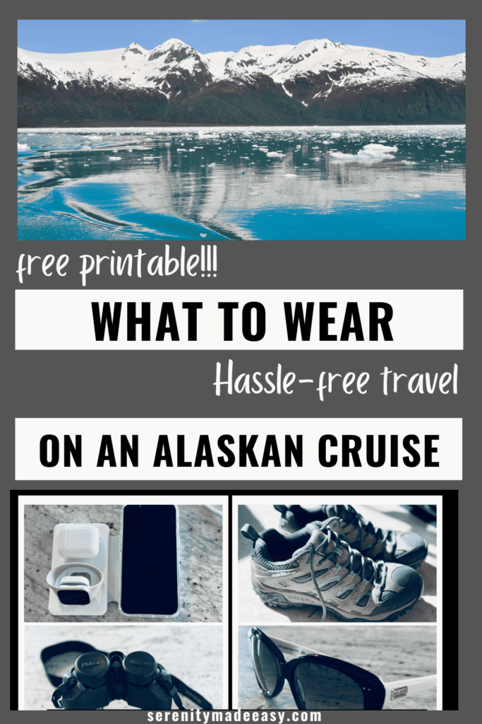 Pictures of must-have items to pack and wear on an Alaskan cruise and an image of a beautiful Alaskan snow capped mountain with icy ocean.