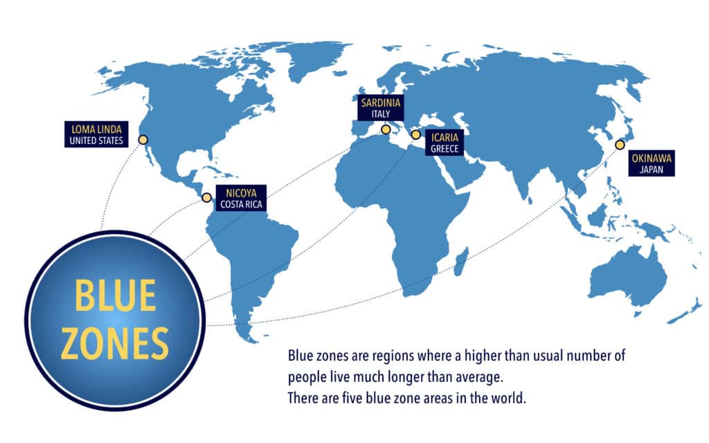 The map of the blue zones of longevity where people live longer than the rest of the world