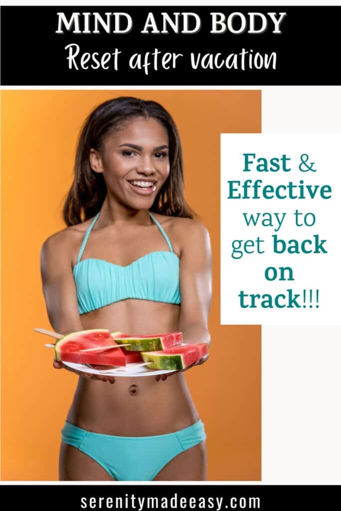 Beautiful african american woman in a teal bathing suit holding a plate of watermelon.