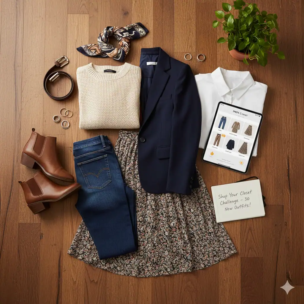 Several pieces of clothing, a tablet to electronically organize your closet and a note that says "shop your closet challenge - 30 New Outfits!"